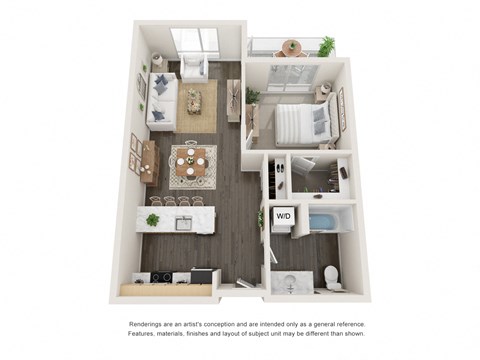 Floor plan for 1 bed, 1 bath, 729 sqft